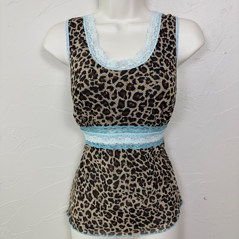 Y2K Babydoll Tank Top Women Small Lace Trim‎ Leopard Print Mesh Indie Boho